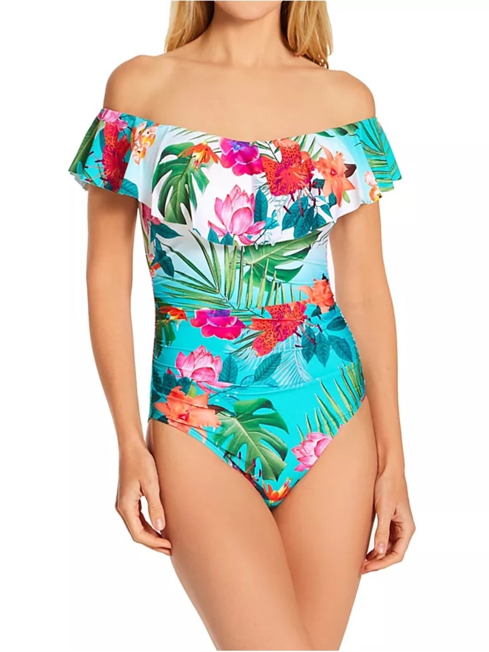 LA BLANCA Tropicalia Off Shoulder Mio One Piece Swimsuit Aqua Blue Pink 16
